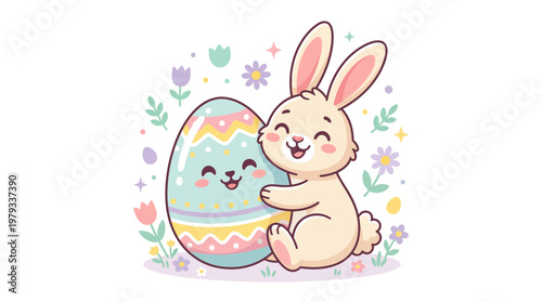 A cute cartoon bunny hugging a decorated Easter egg with a happy face, surrounded by small flowers and leaves.