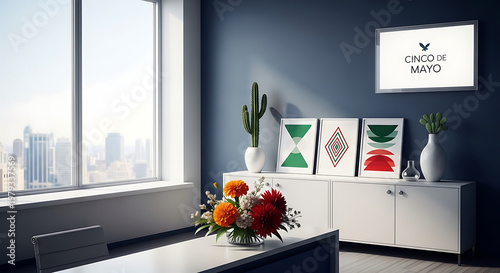 Modern office decor with cinco de mayo sign and city view cinco de mayo mexico 5 may festival holiday template poster banner download 2026 2027