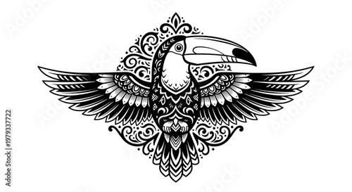 Elegant toucan illustration with ornamental wings on white background