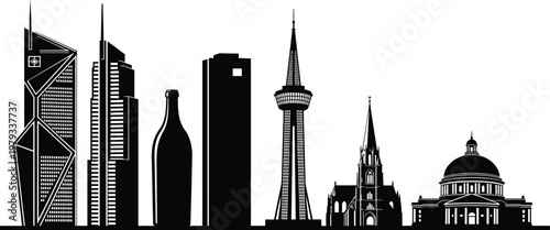 Global landmark silhouettes set with Barcelona skyline Vatican City Mexico City Asian temples and maritime ships black vector illustration for travel
