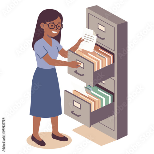 Woman organizing documents in a filing cabinet drawer office storage