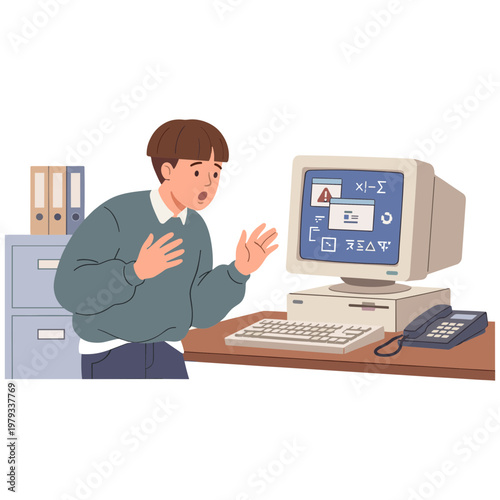 Man shocked by computer screen in office environment suddenly