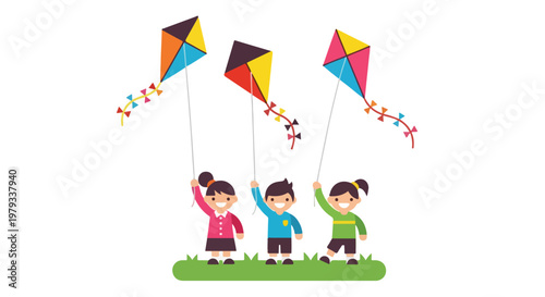 Three cheerful children, two girls and a boy, are standing on a patch of green grass while flying colorful diamond-shaped kites in the sky.