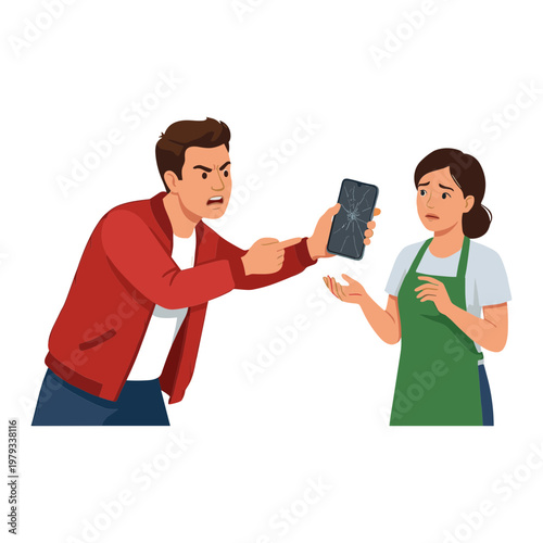 Man aggressively handing a phone to a woman wearing an apron