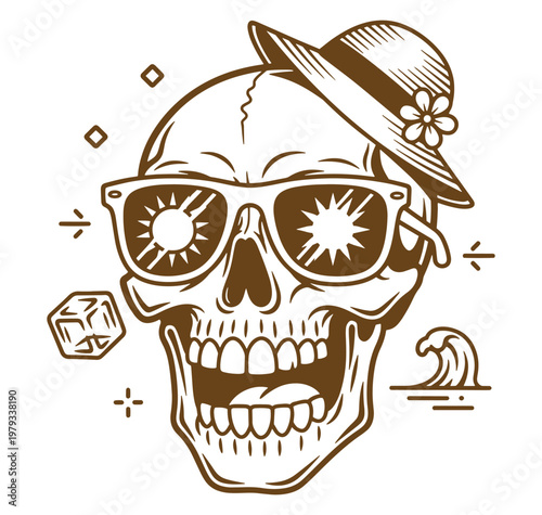Brown illustration of a smiling skull wearing sunglasses and a hat with a flower