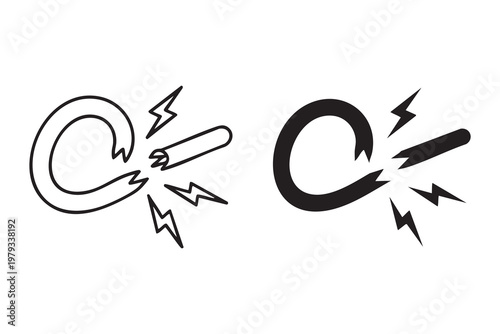 Magnet repulsion symbol with broken shape and electric bolts for physics and science visuals