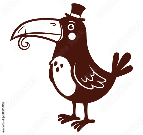 Brown cartoon toucan bird wearing a hat standing alone