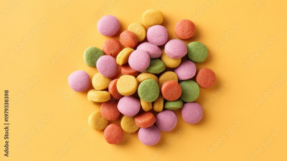 Obraz premium Colorful circular kibble pet food pellets scattered on a vibrant yellow surface
