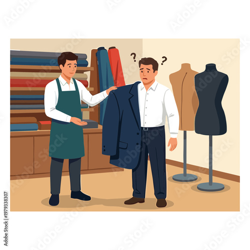 A tailor helps a man choose a suit in a clothing store.