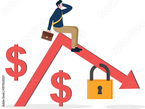 Professional on a falling red market arrow with a lock