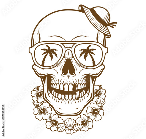 Brown skull with sunglasses palm trees hat and flowers lei on transparent background