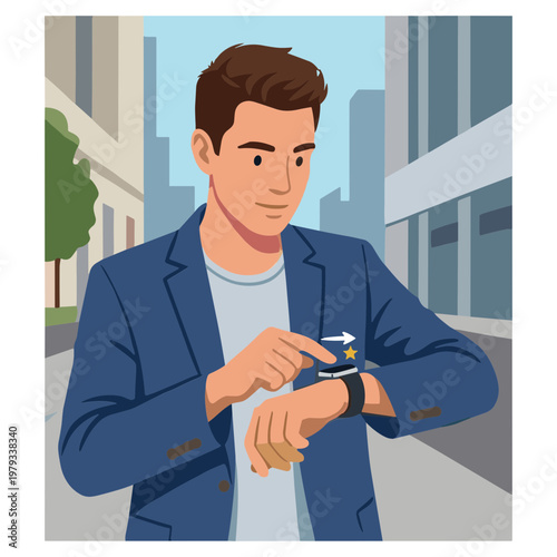 Man checking watch on street in city with buildings and trees nearby