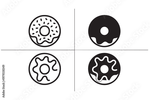 Donut icon set with glazed frosted and sprinkled doughnut variations for bakery design