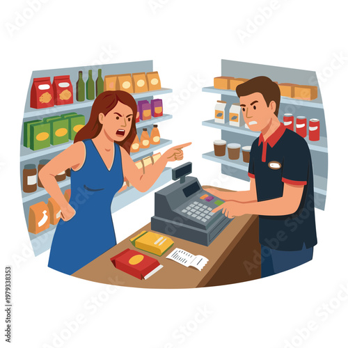 Woman pointing at cashier with frustration at store checkout counter