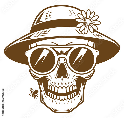 brownskull wearing hat and sunglasses with a fly  humorous illustration