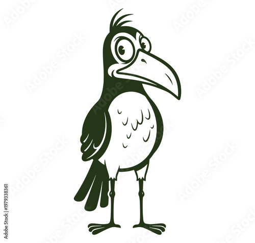 cartoon bird with large beak and expressive eyes standing alone