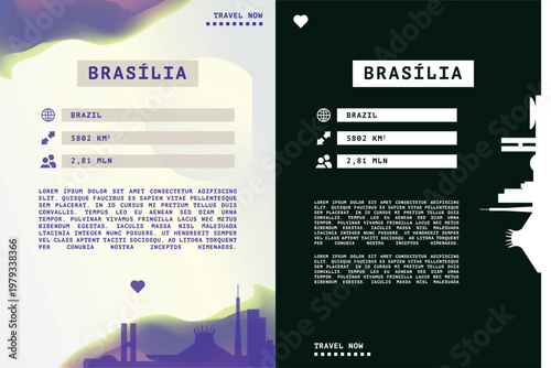 Brasilia, Brazil vector infographics, brochure layout set. Guide, leaflet, flyer, graphic template bundle with text, information, city skyline shape. Page, festival, cover mock up images series