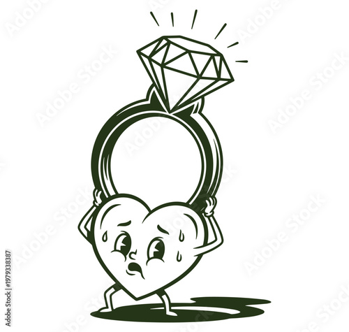 Cartoon heart character lifting large diamond ring  struggling with heavy jewelry
