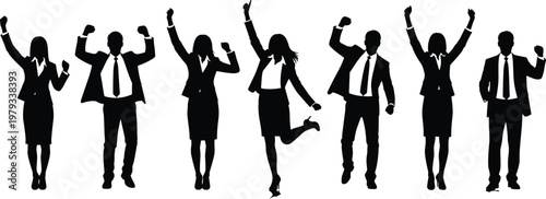 Group of successful business people silhouettes celebrating achievement with raised arms for corporate victory teamwork and professional career goal completion
