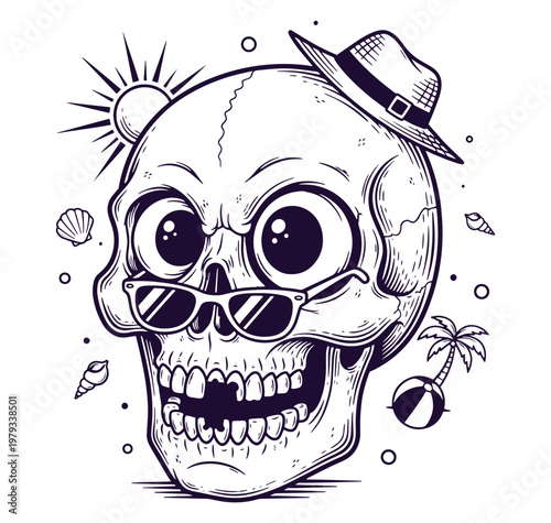 cartoon skull wearing sunglasses and hat with beach elements  summer vacation concept