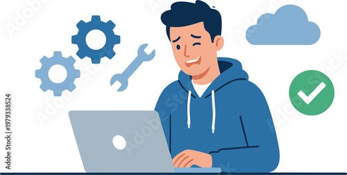 A smiling young man works on laptop with gears and tools floating around