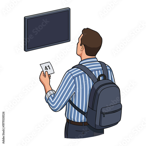 Man with backpack looks at TV screen and holds card