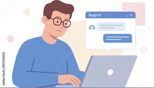 Man interacts with support chat on laptop in office setting daily