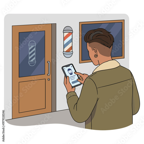 Man enters barber shop with phone in hand checking schedule