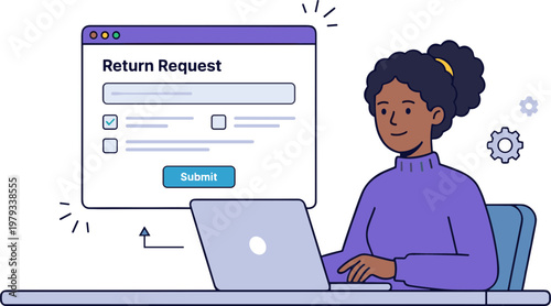 Woman Submits Online Return Request on Laptop at Desk