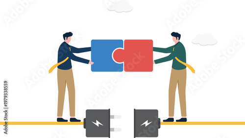Two professionals connecting B2B puzzle pieces on plugs