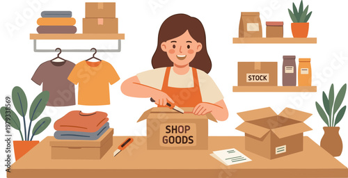Woman packing goods in a box at a retail store counter with shelves