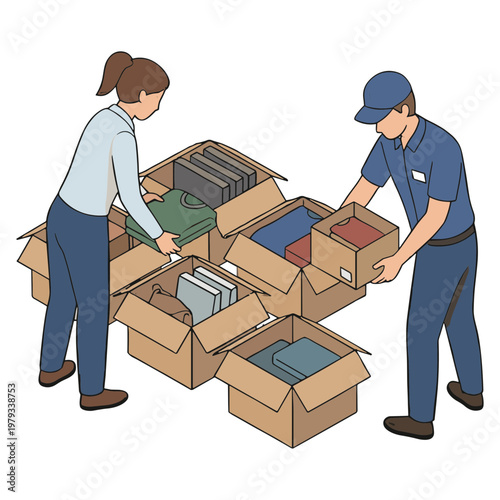 Two people packing boxes with office supplies in a warehouse setting daily