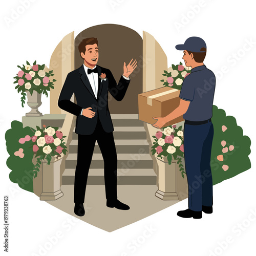 Delivery man handing package to formally dressed man at entrance with flowers