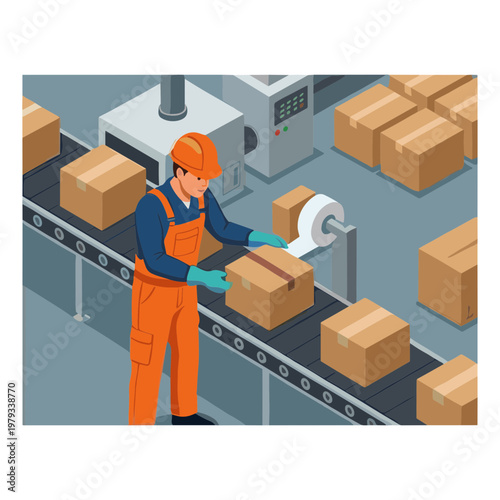 A worker operates a machine sealing boxes on a conveyor belt in a factory.