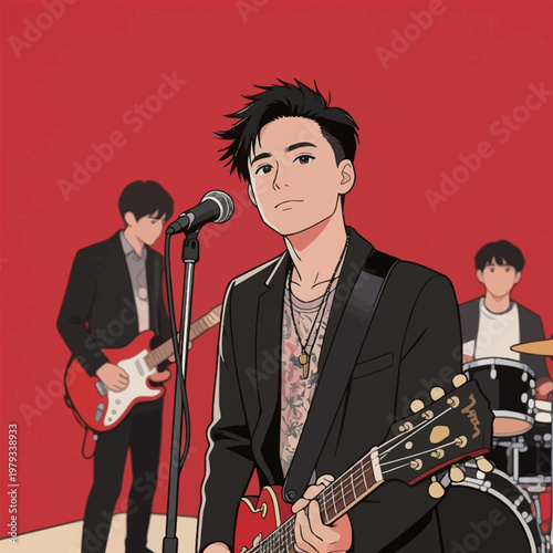 Band Member Playing Guitar on Stage with Band