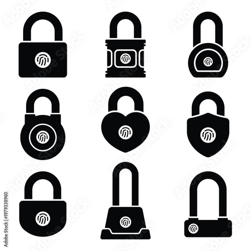 Modern black biometric padlock icons with fingerprint scanner, minimalist silhouette design for security.