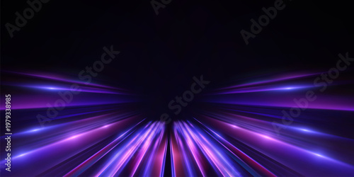 Purple glowing speed flow background with radial light streaks on black. Futuristic vector motion effect for music visuals, tech banners and digital design.