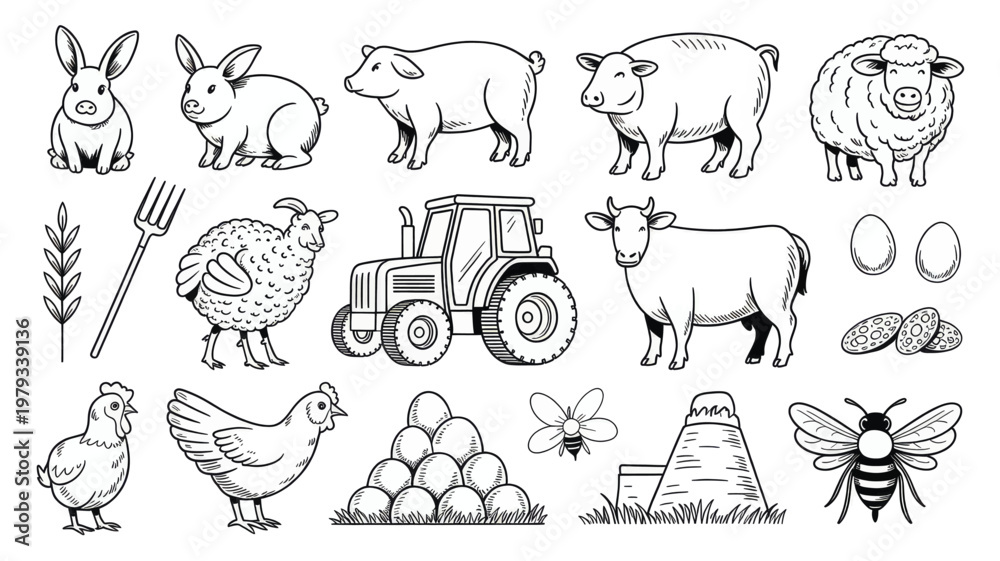 Obraz premium Hand Drawn Farm Animal and Agriculture Illustration Set with Tractor Livestock Crops Eggs and Insect