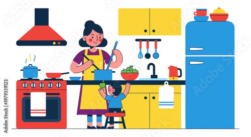 Happy mother and child cooking together in a colorful modern kitchen, preparing a healthy meal