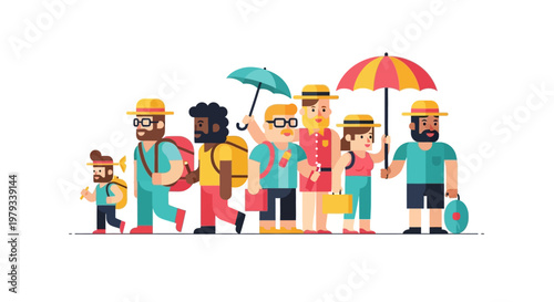A Diverse Group of People Traveling Together with Luggage and Umbrellas