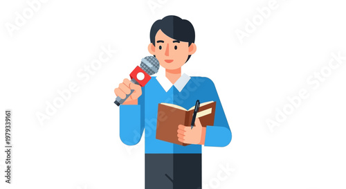 Person holding a microphone and a book, representing public speaking or journalism