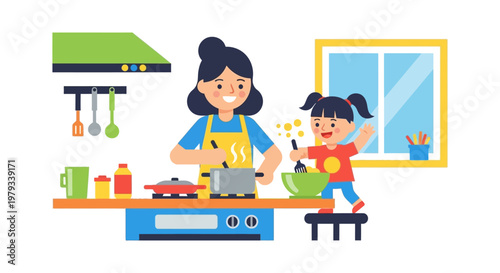 Mom and daughter happily cooking together in a kitchen, learning culinary skills and creating memories