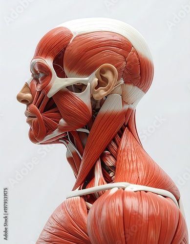 Anatomical illustration of the human head and neck, displaying muscle layers and bone structures in a side view
