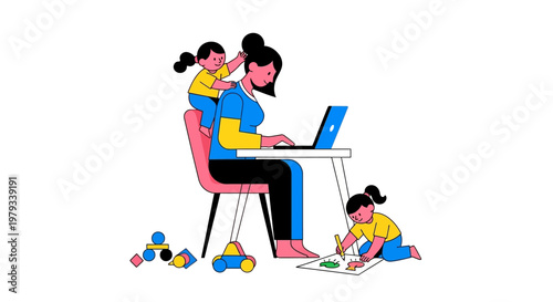Working mother balancing work and childcare with laptop, children playing and drawing