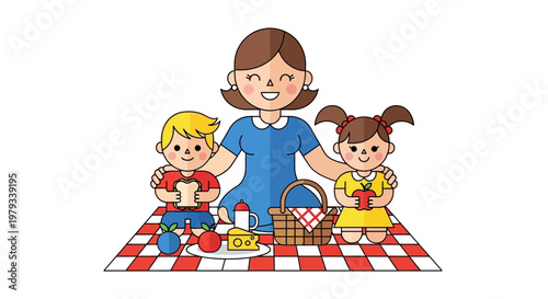 A joyful mother enjoys a picnic with her two happy children, surrounded by food and a checkered blanket, creating a warm family moment