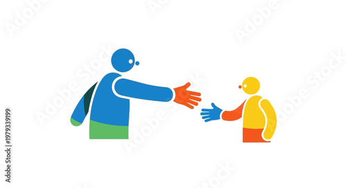 Two stylized figures with arms outstretched, offering a handshake as a symbol of connection and collaboration