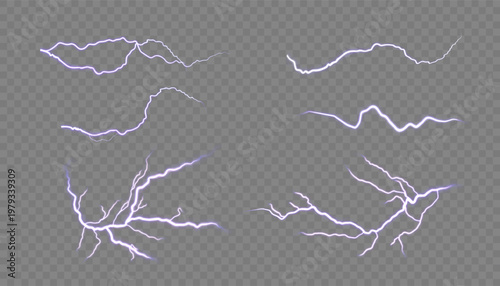 Glowing violet lightning bolts isolated on transparent background. Vector electric discharge effect for game UI, weather graphics and energy design.