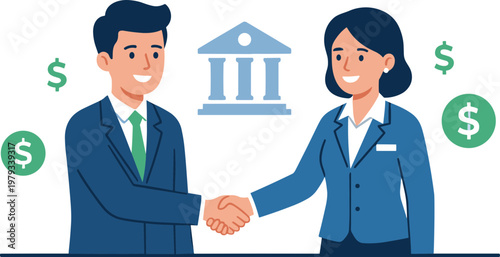 Businessman and woman shaking hands in front of a bank with money.