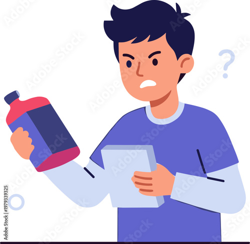 Man holds tablet and bottle with confused expression on face