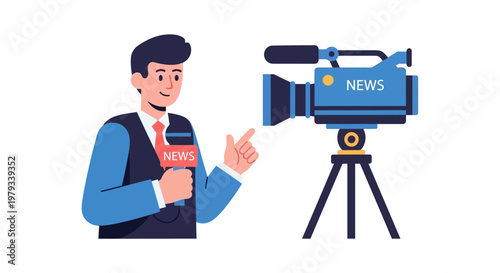 News reporter with microphone and camera, broadcasting live event for television and online media outlets